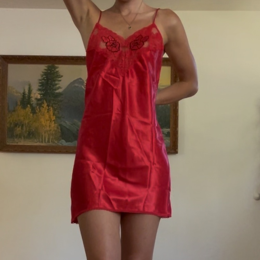 Vintage Val Mode Red Satin Slip Dress | Rose Lace Lingerie Made in USA